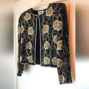 Metallic Sequin Embellished Black Velvet Jacket Size M by Night Line